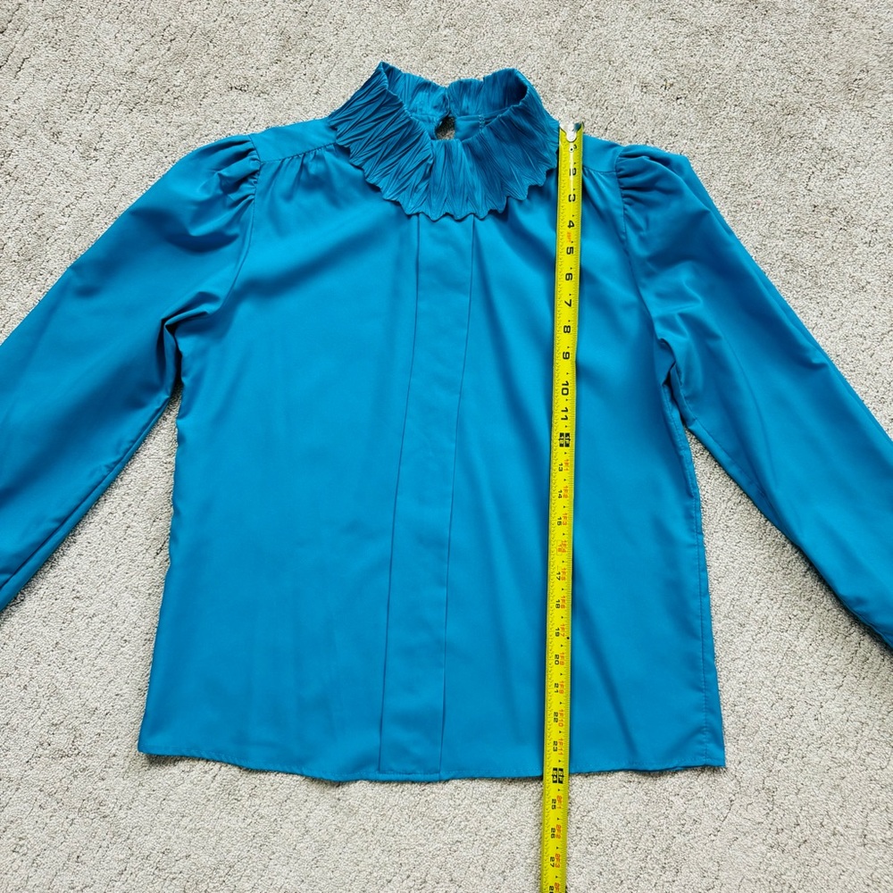 Vintage 70s Rhoda Lee Statement Collar Turquoise Blouse - Picture 9 of 11